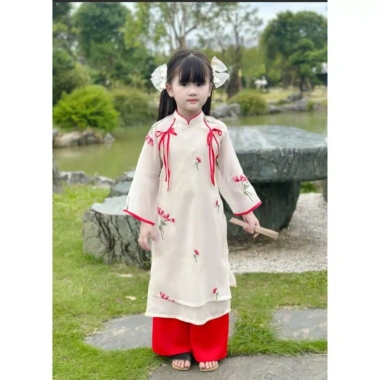 Áo Dài Cách Tân Mẹ & Bé Mai Chi Thêu Hoa, Nơ Duyên Dáng - Truyền Thống Hiện Đại, Mặc Tết & Đi Lễ - 265k