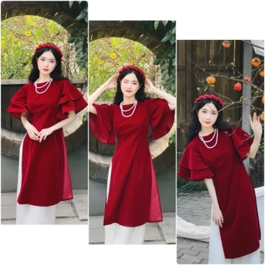 Áo dài cách tân nhung đỏ tay cánh tiên xòe + quần lụa trắng, đầm suông dài đi chơi Tết sang chảnh, độc đáo - SUBA, giá ưu đãi 179k