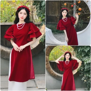 Áo dài cách tân nhung đỏ tay cánh tiên xòe + quần lụa trắng, đầm suông dài đi chơi Tết sang chảnh, độc đáo - SUBA, giá ưu đãi 179k