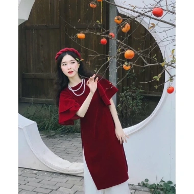 Áo dài cách tân nhung đỏ tay cánh tiên xòe + quần lụa trắng, đầm suông dài đi chơi Tết sang chảnh, độc đáo - SUBA, giá ưu đãi 179k