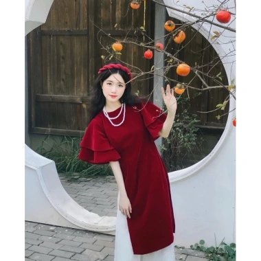 Áo dài cách tân nhung đỏ tay cánh tiên xòe + quần lụa trắng, đầm suông dài đi chơi Tết sang chảnh, độc đáo - SUBA, giá ưu đãi 179k