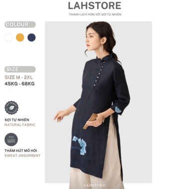 Áo dài cách tân nữ 2 tà tay lỡ LAHSTORE vải linen thô cao cấp cúc lệch thêu hoa Xanh Đen thiết kế đẹp giá ưu đãi 498.240