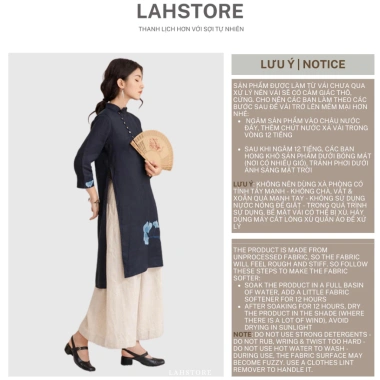 Áo dài cách tân nữ 2 tà tay lỡ LAHSTORE vải linen thô cao cấp cúc lệch thêu hoa Xanh Đen thiết kế đẹp giá ưu đãi 498.240