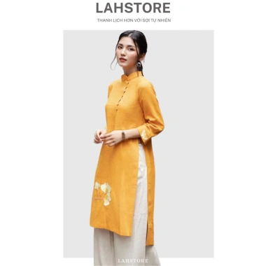 Áo dài cách tân nữ 2 tà tay lỡ LAHSTORE vải linen thô cao cấp cúc lệch thêu hoa Xanh Đen thiết kế đẹp giá ưu đãi 498.240