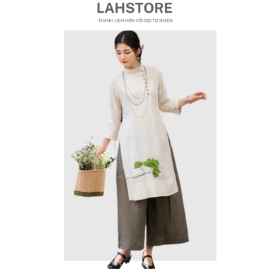 Áo dài cách tân nữ 2 tà tay lỡ LAHSTORE vải linen thô cao cấp cúc lệch thêu hoa Xanh Đen thiết kế đẹp giá ưu đãi 498.240