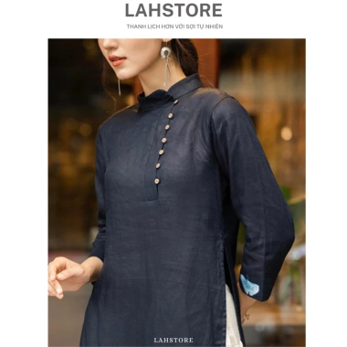 Áo dài cách tân nữ 2 tà tay lỡ LAHSTORE vải linen thô cao cấp cúc lệch thêu hoa Xanh Đen thiết kế đẹp giá ưu đãi 498.240