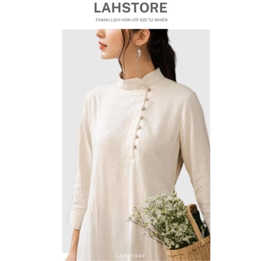 Áo dài cách tân nữ 2 tà tay lỡ LAHSTORE vải linen thô cao cấp cúc lệch thêu hoa Xanh Đen thiết kế đẹp giá ưu đãi 498.240