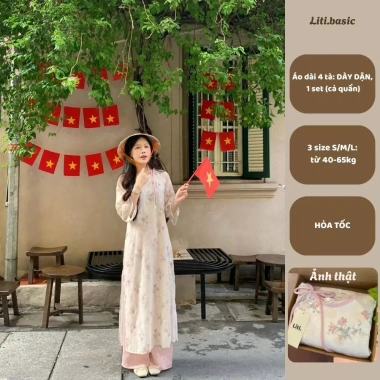 Áo dài cách tân nữ 4 tà hoa in nổi, thắt nơ tay loe, dáng suông tết thu đông 139k