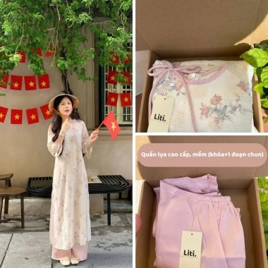 Áo dài cách tân nữ 4 tà hoa in nổi, thắt nơ tay loe, dáng suông tết thu đông 139k