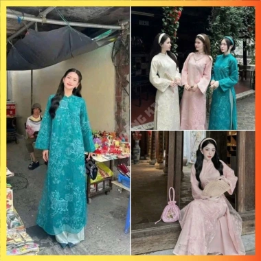 Áo dài cách tân nữ 4 tấc họa tiết kỳ lân, suông tay dài, loe rộng, màu xanh hồng be - Mặc Tết và Cưới cao cấp 420k