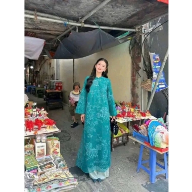Áo dài cách tân nữ 4 tấc họa tiết kỳ lân, suông tay dài, loe rộng, màu xanh hồng be - Mặc Tết và Cưới cao cấp 420k 4
