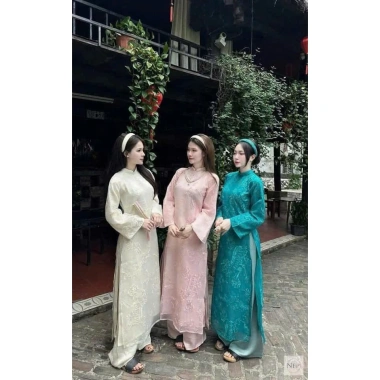 Áo dài cách tân nữ 4 tấc họa tiết kỳ lân, suông tay dài, loe rộng, màu xanh hồng be - Mặc Tết và Cưới cao cấp 420k 6