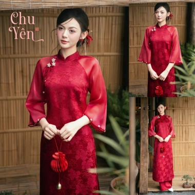 Áo dài cách tân nữ cao cấp vải gấm phối tơ đính đá Econice giảm còn 930.000₫ Tết