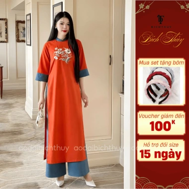 Áo Dài Cách Tân Nữ Dáng Xuông Tay Lỡ, Thêu Hoa Nổi Bật - Giá ưu đãi 429.000₫
