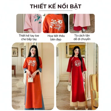 Áo Dài Cách Tân Nữ Dáng Xuông Tay Lỡ, Thêu Hoa Nổi Bật - Giá ưu đãi 429.000₫