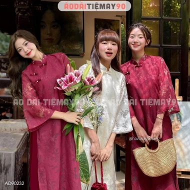 Áo dài cách tân nữ khảm vân Bách Điền dáng suông AD90.232 4 tà bầu Như Chúc - Giá ưu đãi 295k cho tiệc cưới, lễ tết