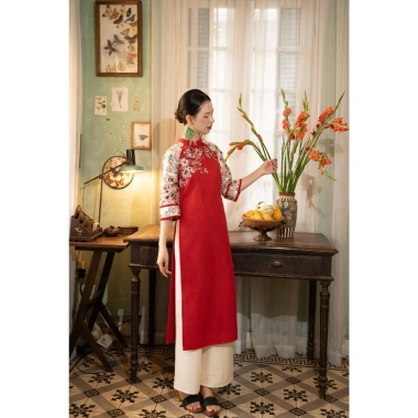 Áo dài cách tân nữ MAYY FASHION nhung đỏ thêu hoa Hàng Trống - Chỉ 1,250,000₫