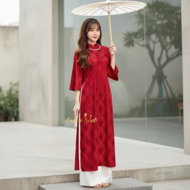 Áo dài cách tân nữ Tết 2.026 dáng suông gấm thọ dơi loại 1 cao cấp màu đỏ đô sang trọng giá 359.750 VND