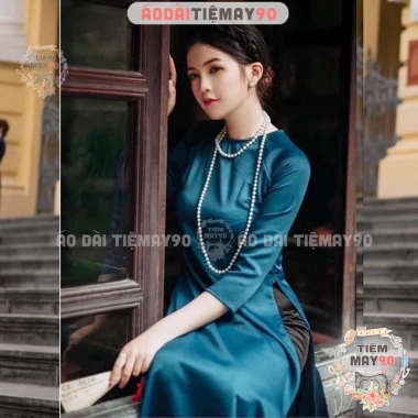 Áo dài cách tân nữ xanh lam Navy dáng suông, may sẵn lụa xuông bầu Tiệm 90 - Đẹp dự tiệc lễ tết, AD90.080, điểm nhấn, giá ưu đãi 210.000đ 4