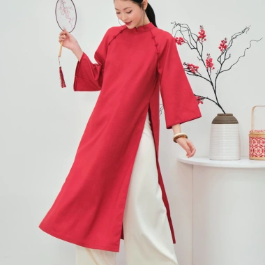 Áo Dài Cách Tân Nữ Yến Xuân Miều 2.013 - Tay Phồng, Lỡ Cổ Tàu, Dáng Suông, Vải Lụa Đỏ Trơn, Giá 328k