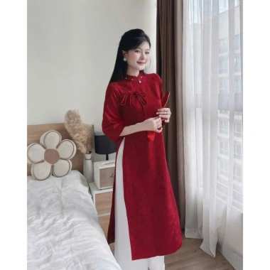 Áo dài cách tân tay lỡ chất gấm tapta đính dây, phối quần tuyết mưa suông dài – NANANCHIC 4