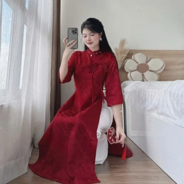 Áo dài cách tân tay lỡ chất gấm tapta đính dây, phối quần tuyết mưa suông dài – NANANCHIC 5
