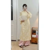 Áo dài cách tân Tết 2.026 DU MIÊN in vân 3D đính cúc đá hoa mai + quần lụa - Giá ưu đãi 289k 7