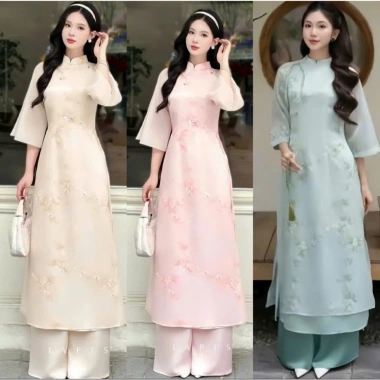 Áo dài cách tân tết 2.026 tơ tằm ánh kim hoa anh đào, quần suông philụa, 200.005₫