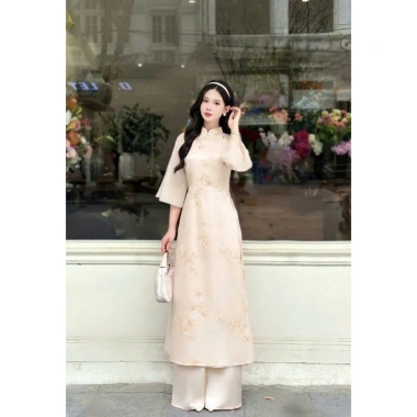 Áo dài cách tân tết 2.026 tơ tằm ánh kim hoa anh đào, quần suông philụa, 200.005₫