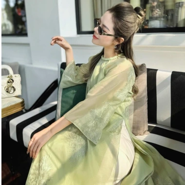 Áo Dài Cách Tân Thi Thư Xanh Cốm Hoa Thêu Ren Nởi Form Suông Tay Lỡ Nơ - ADNM006 339k 3