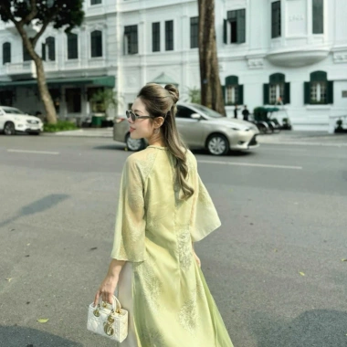 Áo Dài Cách Tân Thi Thư Xanh Cốm Hoa Thêu Ren Nởi Form Suông Tay Lỡ Nơ - ADNM006 339k 5