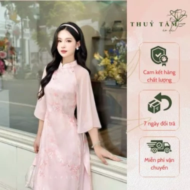 Áo dài cách tân Tiểu Thư Hồng Uyển Nhẹ Bay – Thuỷ Tâm Tơ Dệt Hoa, Tay Tơ Óng Mềm Mịn, 400k