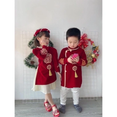 Áo dài cặp bé đỏ nhung truyền thống 8-22kg - Cách tân, sang trọng, ấm áp Tết 6