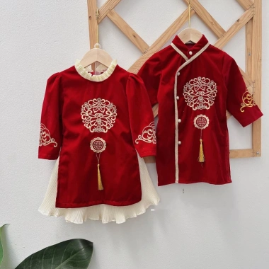 Áo dài cặp bé đỏ nhung truyền thống 8-22kg - Cách tân, sang trọng, ấm áp Tết 7