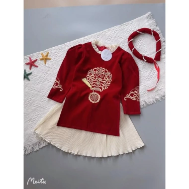 Áo dài cặp bé đỏ nhung truyền thống 8-22kg - Cách tân, sang trọng, ấm áp Tết 8
