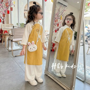 Áo Dài cặp bé trai bé gái Hàn Quốc cao cấp họa tiết thêu kèm quần kaki 10-30kg giá ưu đãi 182.000₫ 3