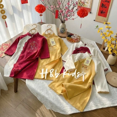Áo Dài cặp bé trai bé gái Hàn Quốc cao cấp họa tiết thêu kèm quần kaki 10-30kg giá ưu đãi 182.000₫ 6