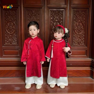Áo Dài Cặp Đôi Bé Trai và Bé Gái Đón Tết Lụa Gấm Vân Cao Cấp Mềm Mại Giá 169k 5