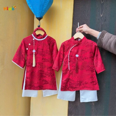 Áo Dài Cặp Đôi Bé Trai và Bé Gái Đón Tết Lụa Gấm Vân Cao Cấp Mềm Mại Giá 169k 7