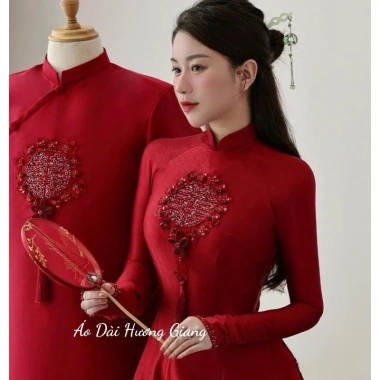 Áo dài cặp đôi đính kết thủ công ngày cưới: Áo Dài Hương Giang Nữ đỏ trung, giảm giá 405.000 VND 2
