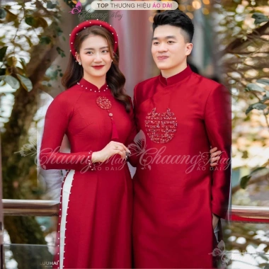Áo dài cặp đôi nam nữ chữ Hỷ pha lê Chaang - May sẵn cưới cô dâu chú rể đẹp ADC694