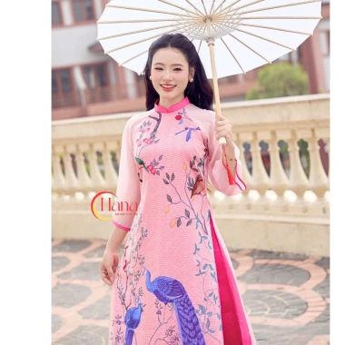 Áo dài cặp đôi nam nữ HANA – Hồng in phụng & Xanh in rồng, chuẩn phom, mặc Tết 2.024