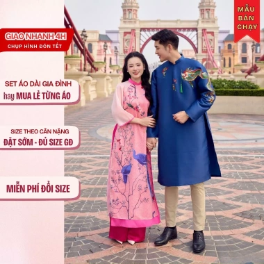 Áo dài cặp đôi nam nữ HANA – Hồng in phụng & Xanh in rồng, chuẩn phom, mặc Tết 2.024