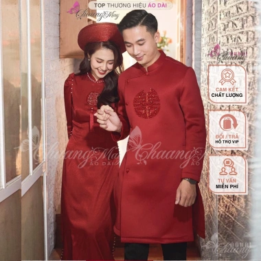 Áo dài cặp đôi nam nữ tay vai bồng chữ Hỷ pha lê Chaang - Dự tiệc lễ tết ADC693