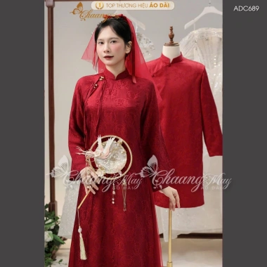Áo dài cô dâu và chú rể cưới lụa thọ tơ tằm Việt ADC689 – May sẵn, tiệc Tết
