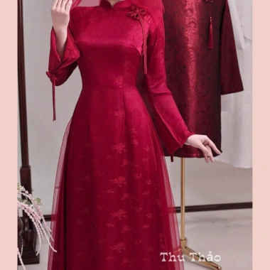 Áo dài cô dâu Vân Mưa ăn hỏi - Đính nơ bánh bèo, thiết kế truyền thống thanh lịch sang trọng, chỉ 539k