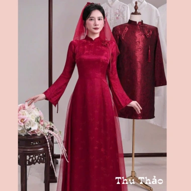 Áo dài cô dâu Vân Mưa ăn hỏi - Đính nơ bánh bèo, thiết kế truyền thống thanh lịch sang trọng, chỉ 539k