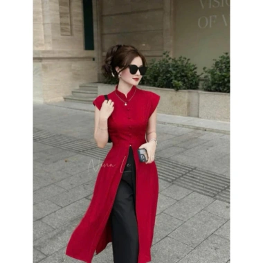 Áo dài cổ tàu tay ngắn, nút chất tuyết, nhung, mix quần đen suông – Đầm xinh 2