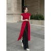 Áo dài cổ tàu tay ngắn, nút chất tuyết, nhung, mix quần đen suông – Đầm xinh 3