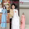 Áo dài cờ thêu quốc kỳ - màu trắng, xanh, hồng đỗ, giá ưu đãi 250.000₫